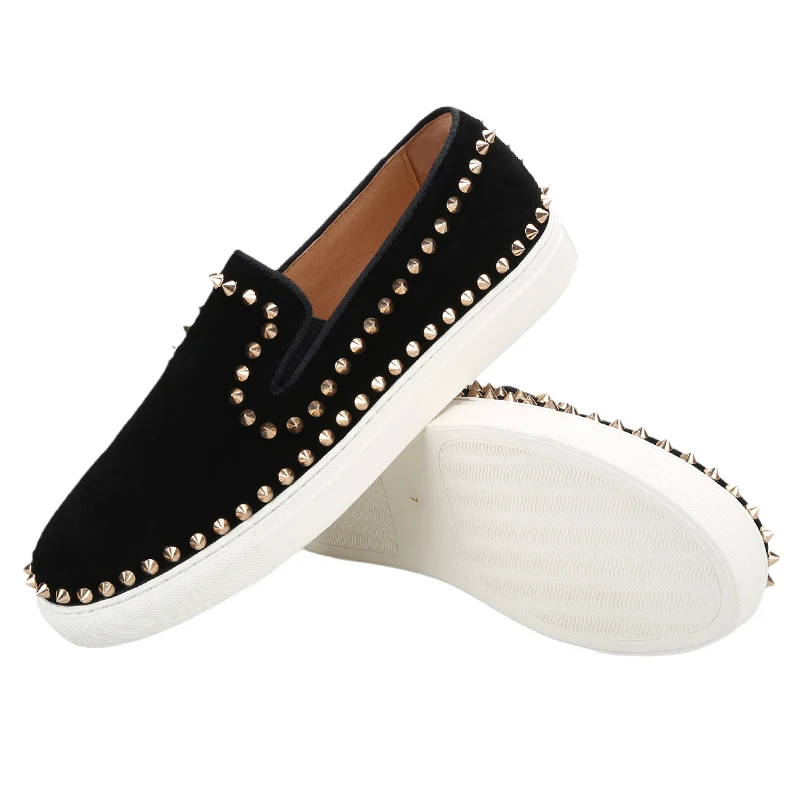Piergitar CL Brand Same Mold Handcrafted Gold Spikes Sneakers Suede Upper Slip-On Style Men's Casual Shoes Wihte Rubber Outsole