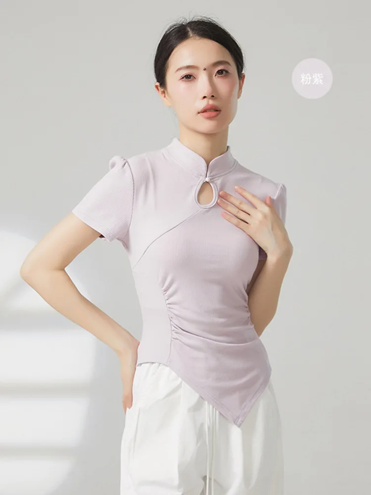 الرقص الترفيهي 2025 الصيف فستان رقص كلاسيكي جديد الصينية تي شيرت الوقوف طوق الجوف أعلى غير المتماثلة قصيرة الأكمام