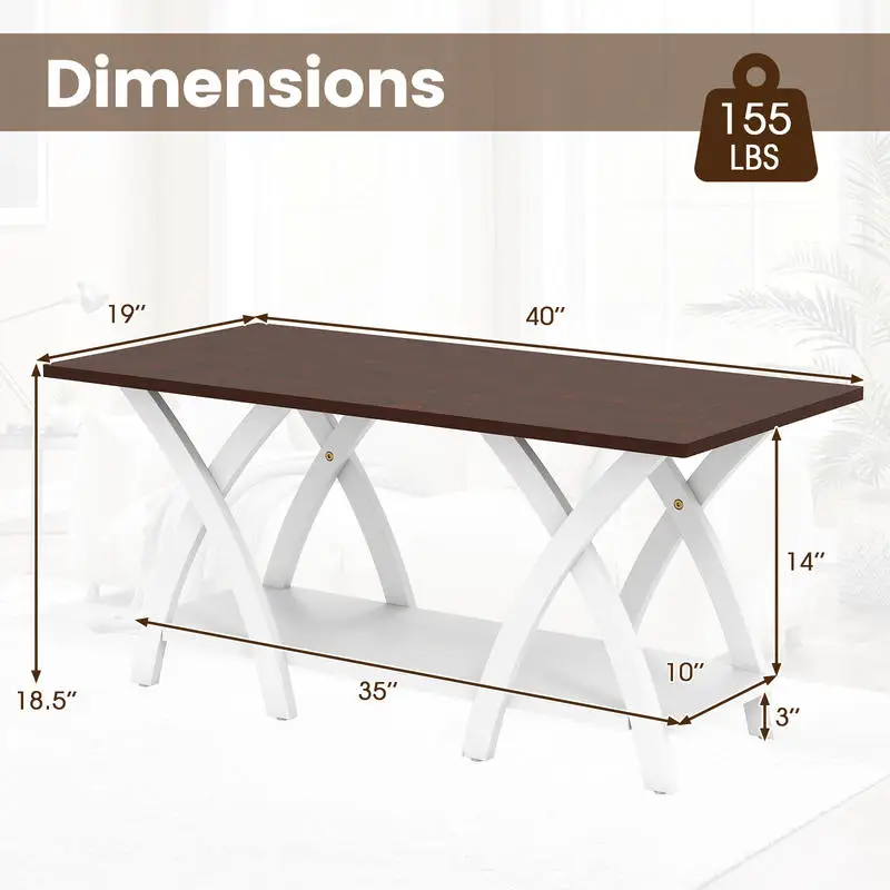 

40 Inch Farmhouse Wooden 2-Tier Coffee Table with Storage Shelf for Living Room-Walnut