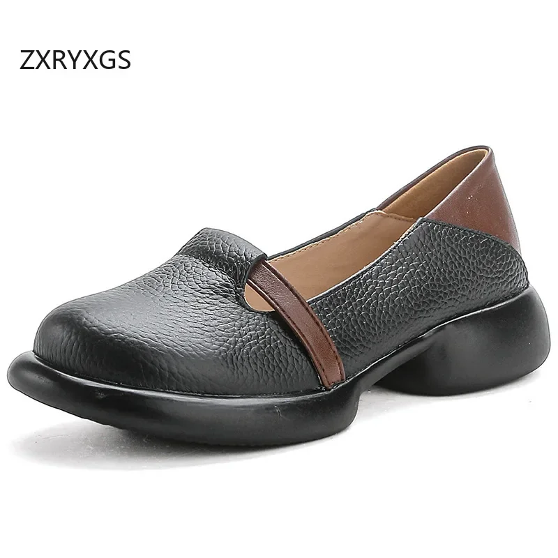 

ZXRYXGS Promotion Spell Color Women Genuine Leather Shoes Comfortable Retro Soft Sole Low Heels 2025 Autumn Women Fashion Shoes