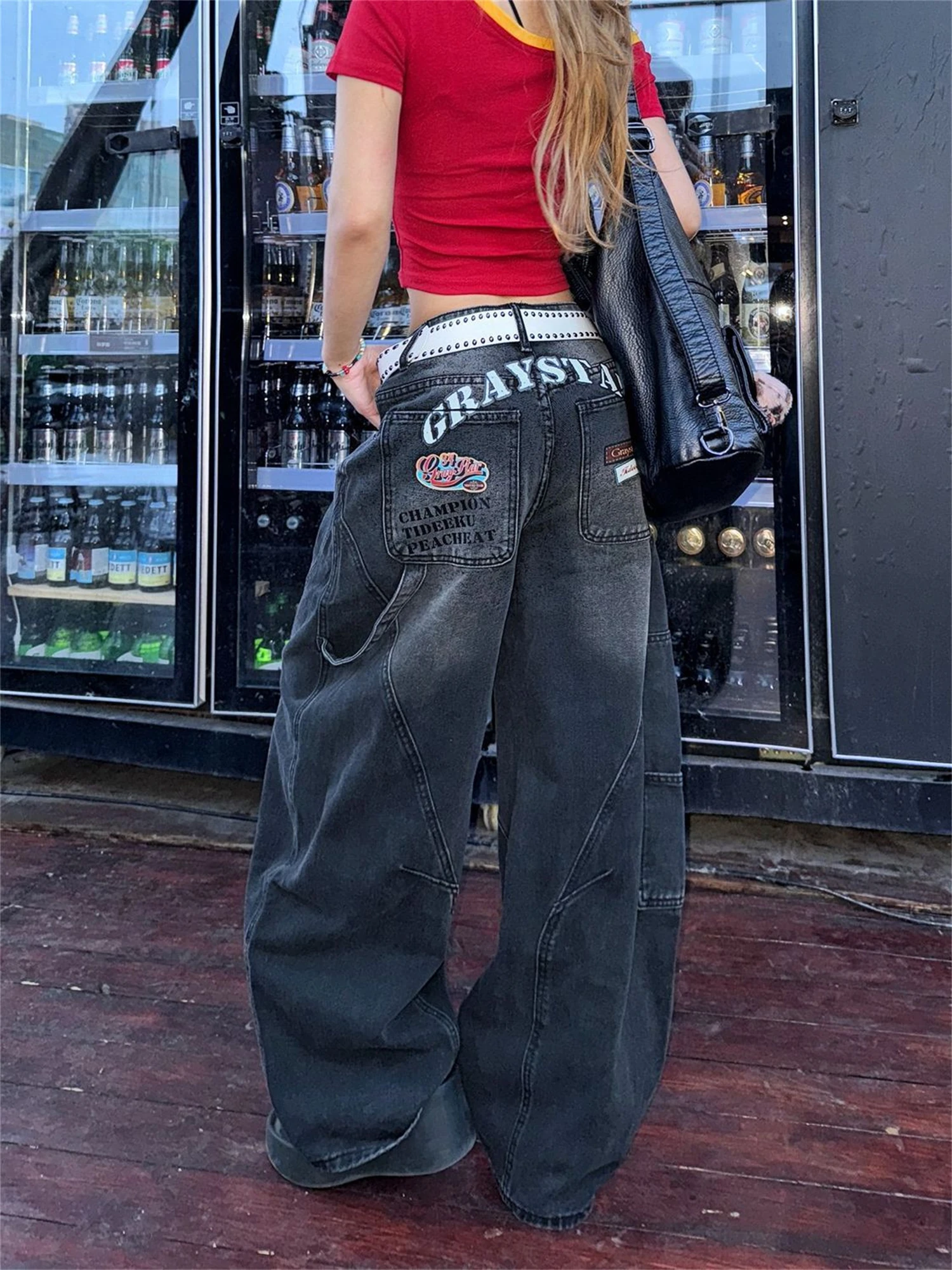 

Women's High Waist Wide Leg Dark Gray Jeans Multi-Pocket Vintage Washed Back Letter Print Y2K Streetwear Loose Denim Trousers