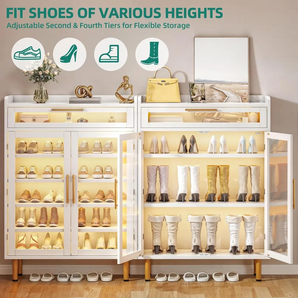 خزانة أحذية خشبية حديثة مع درج وأضواء LED، منظم أحذية ضيق قائم بذاته لتخزين المدخل