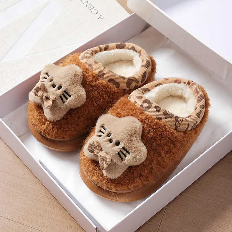 Kids Adults Winter Fuzzy Slippers Cute Kitty Bow Plush Slippers Leopard Print Collar Warm Fluffy Indoor Home Shoes Size 24‑41