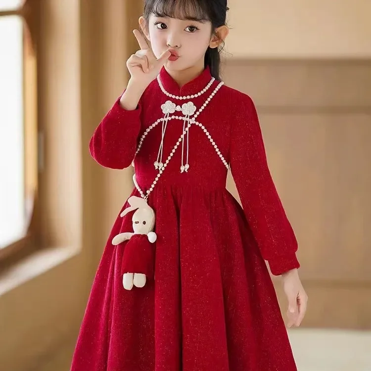 Girls Solid Color Simple Casual Dress Winter 2024 New Girl Foreign Spring and Autumn Fashion Trend Princess Dress