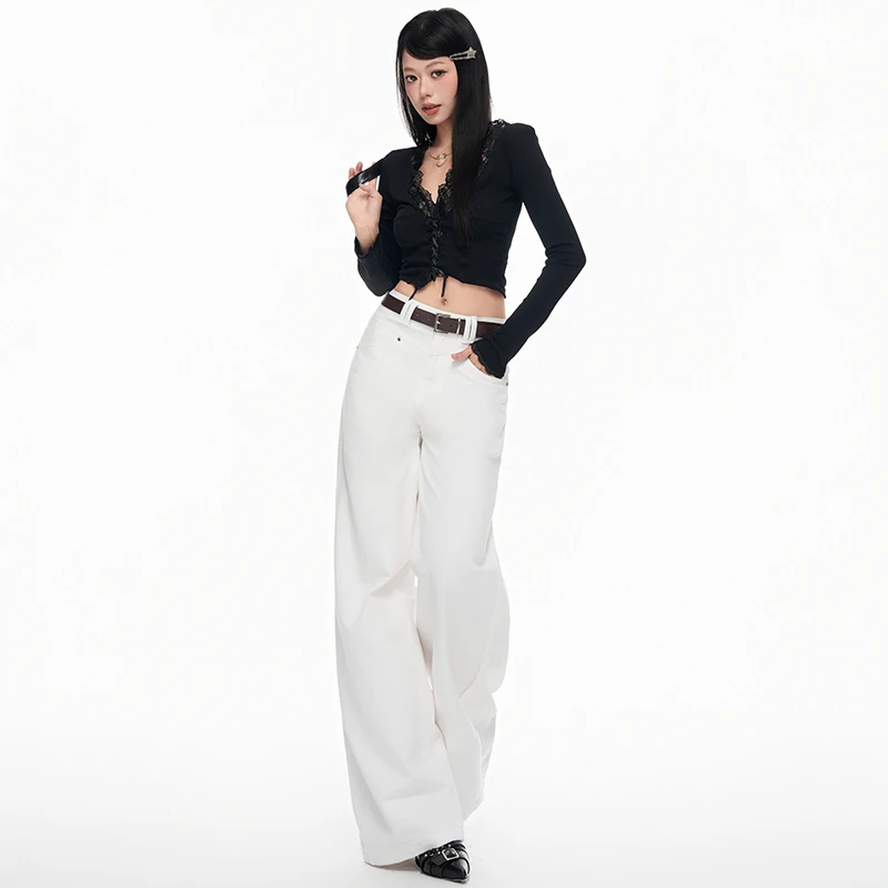 2026 Autumn White High‑Rise Wide‑Leg Floor‑Length Jeans Women Plain No‑Rhinestone Loose Draped Casual Denim Pants