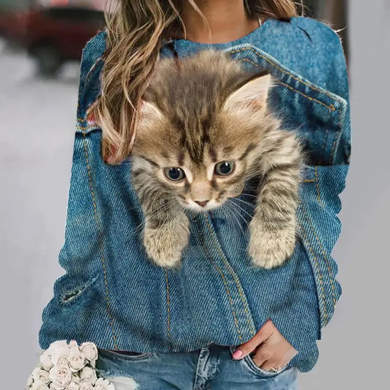 

Simulated Denim Cat European And American Style 3d Digital Printing Loose Women's Casual Hoodie Round Neck Raglan SleevesWA2