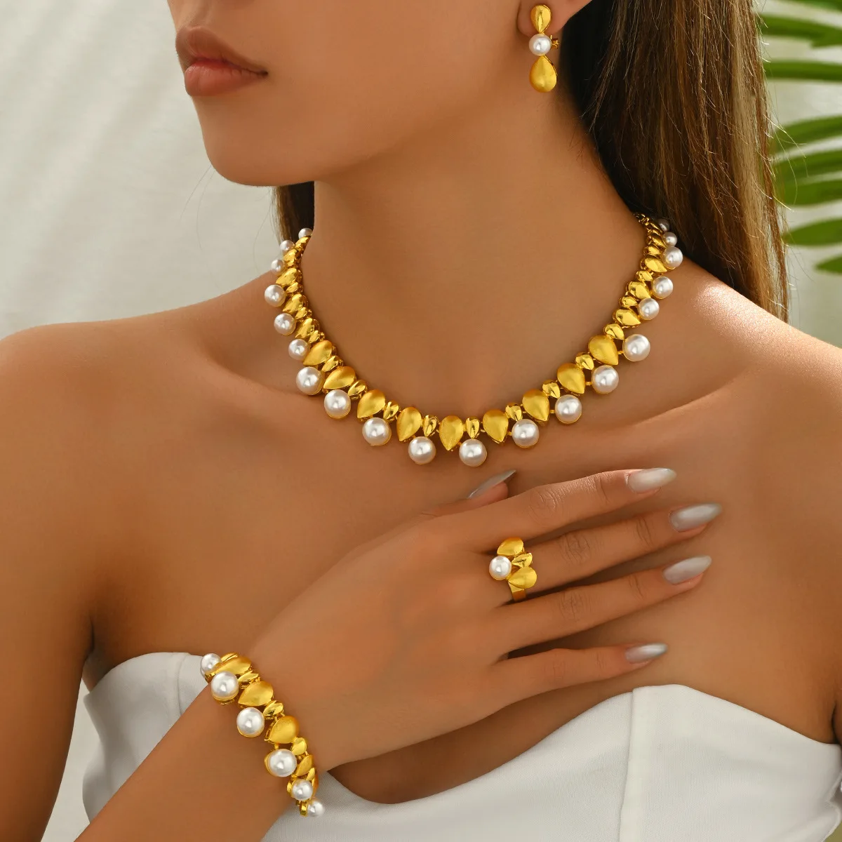 

2025 Women Jewelry Set, Geometric Pearl Long Necklace, Ring,Earrings, Versatile, Light Luxury Lady's Opening Ring