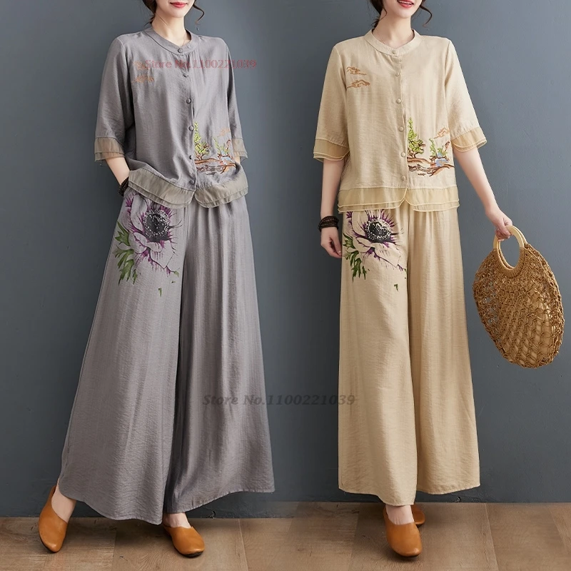 

2024 traditional chinese vintage zen suit national flower print tea service hanfu suit meditation cotton linen tops+pants set