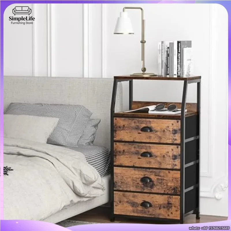 

Прикроватная тумбочка с 4 ящиками и открытой полкой для хранения вещей в спальне и гостиной