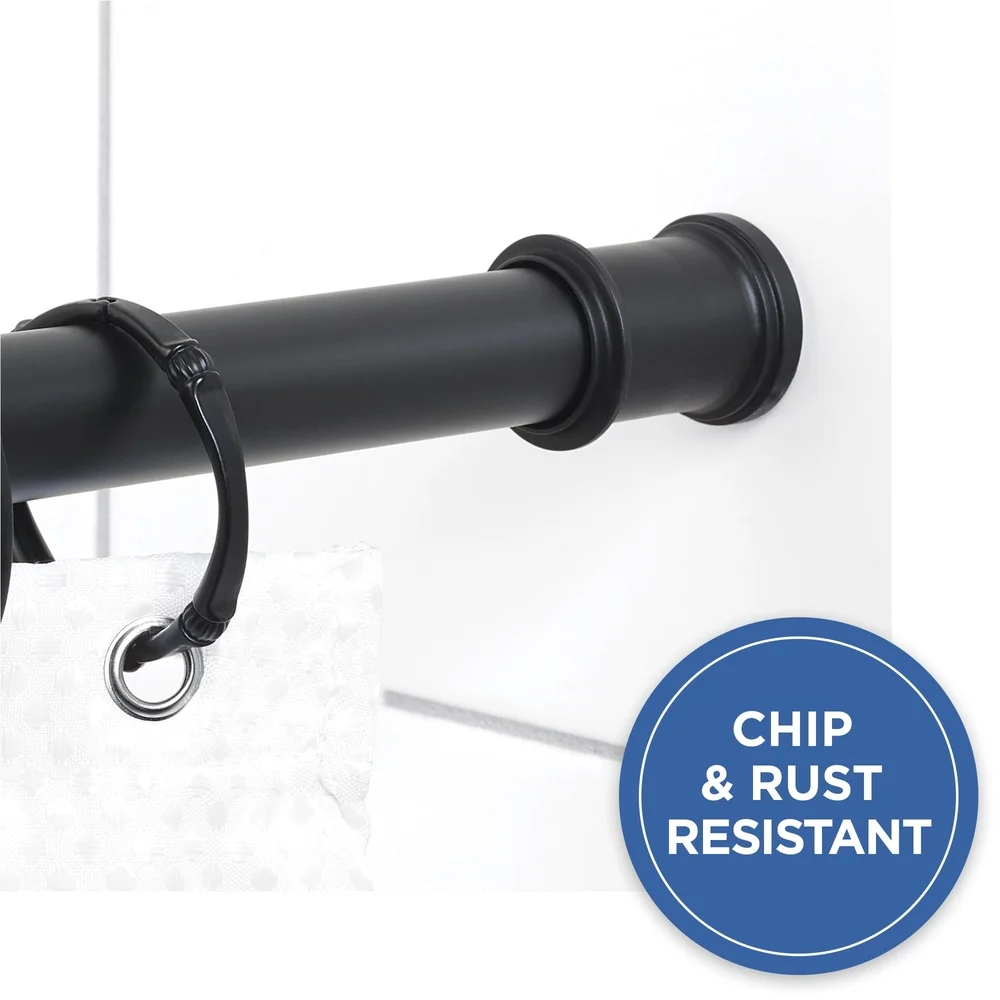 Adjustable Tension Shower Curtain Rod 44 to 72 Inch Rust Resistant Matte Black Easy Install Tool Free Non Slip End Caps