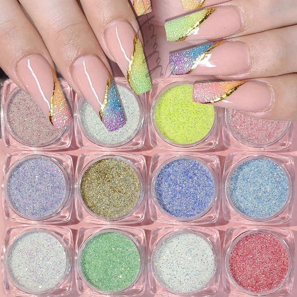 12Colors/Set Nail Art Glitter Sugar Powder Candy Coat Effect Chrome Pigment Dust Sparkly UV Gel Polish Nail Art Decoration Powde