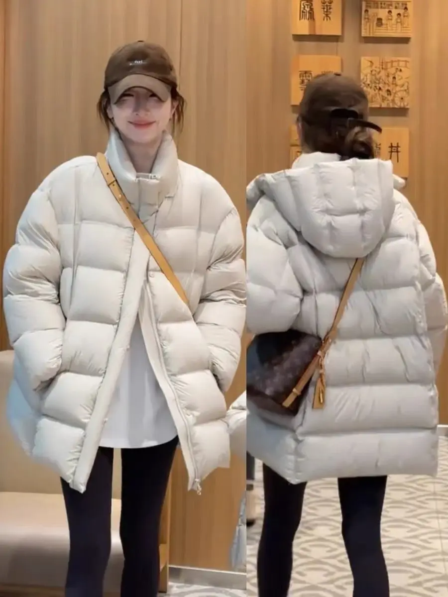 

Loose Women's Mid-Length down Jacket White Duck Feather Cloud Puff Coat Korean Style Warmth Built-In Windproof Sleeve Cuffs