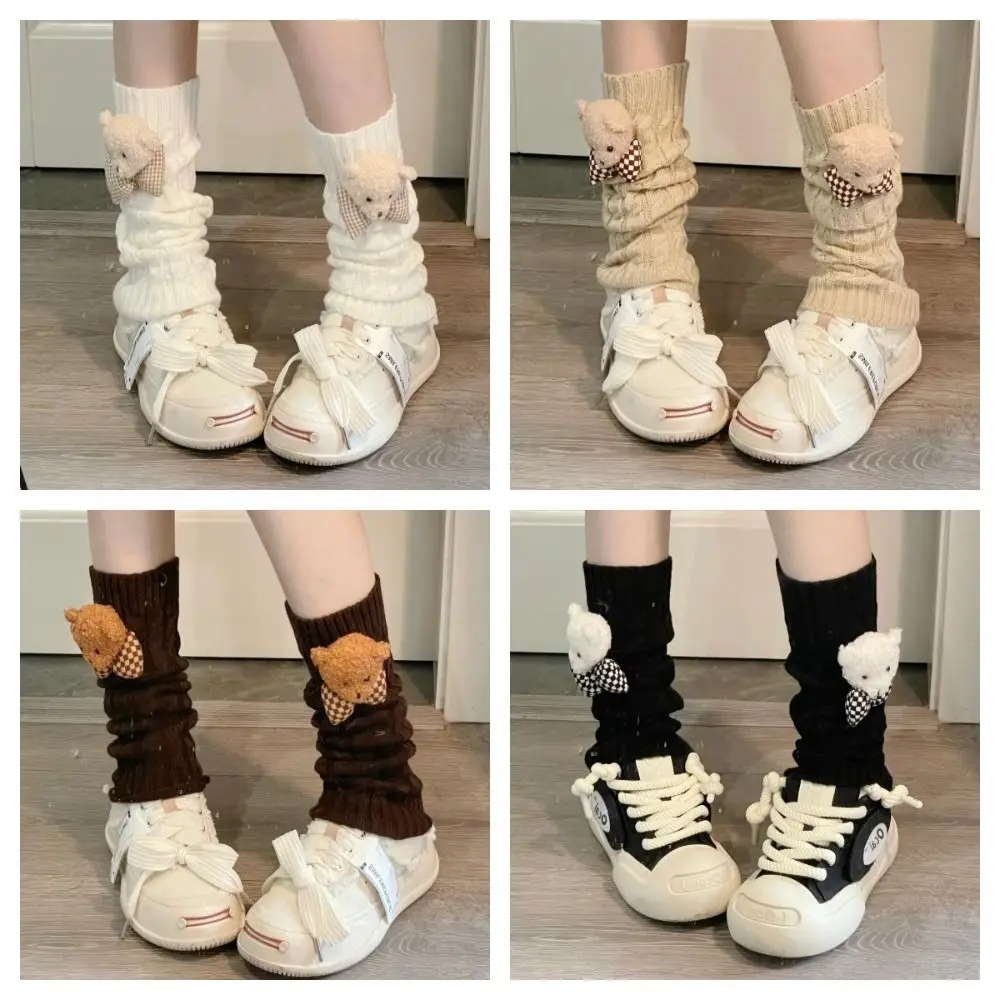 Trendy Cartoon Bear Knitted Leg Warmers Boot Cuffs Y2K Heap Plush Stockings Footcover Crochet Arm Ankle Warmer Women