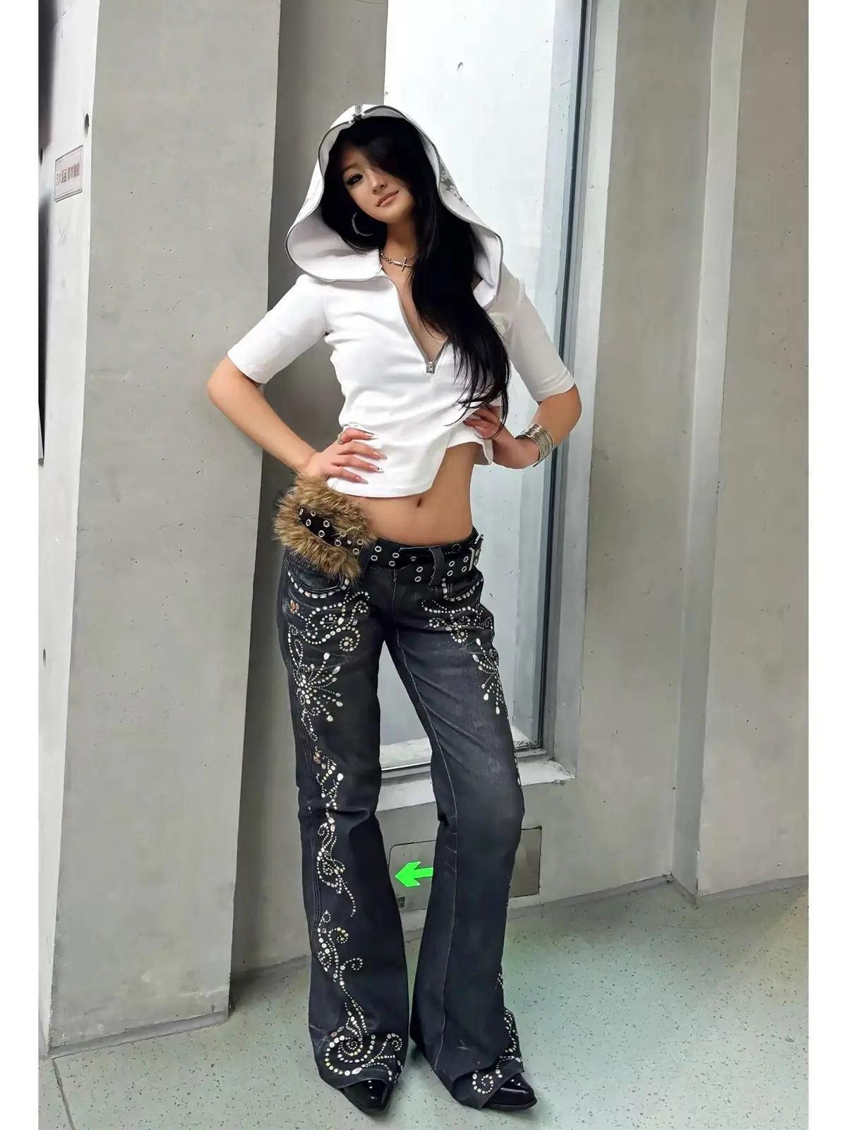 Vintage Gem Floral Print Low Waist Flared Pants Women Retro Y2K Streetwear Designer Denim Trousers