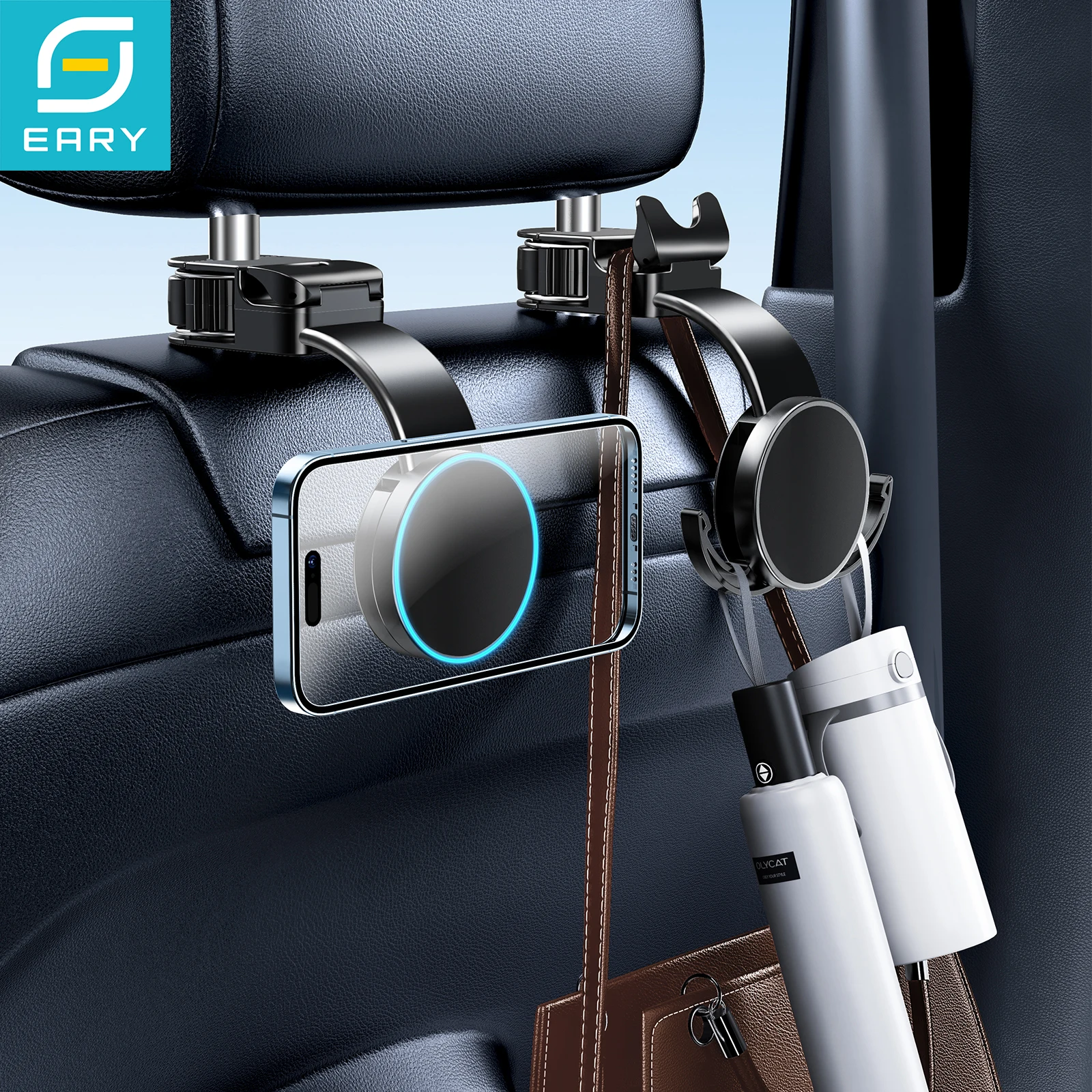 Eary Kopfstützenhaken für Auto-Rücksitz mit Magnetischem Handyhalter Auto-Rücksitzhaken für Geldbörsen Taschen Handtaschenhalter Auto-Organizer