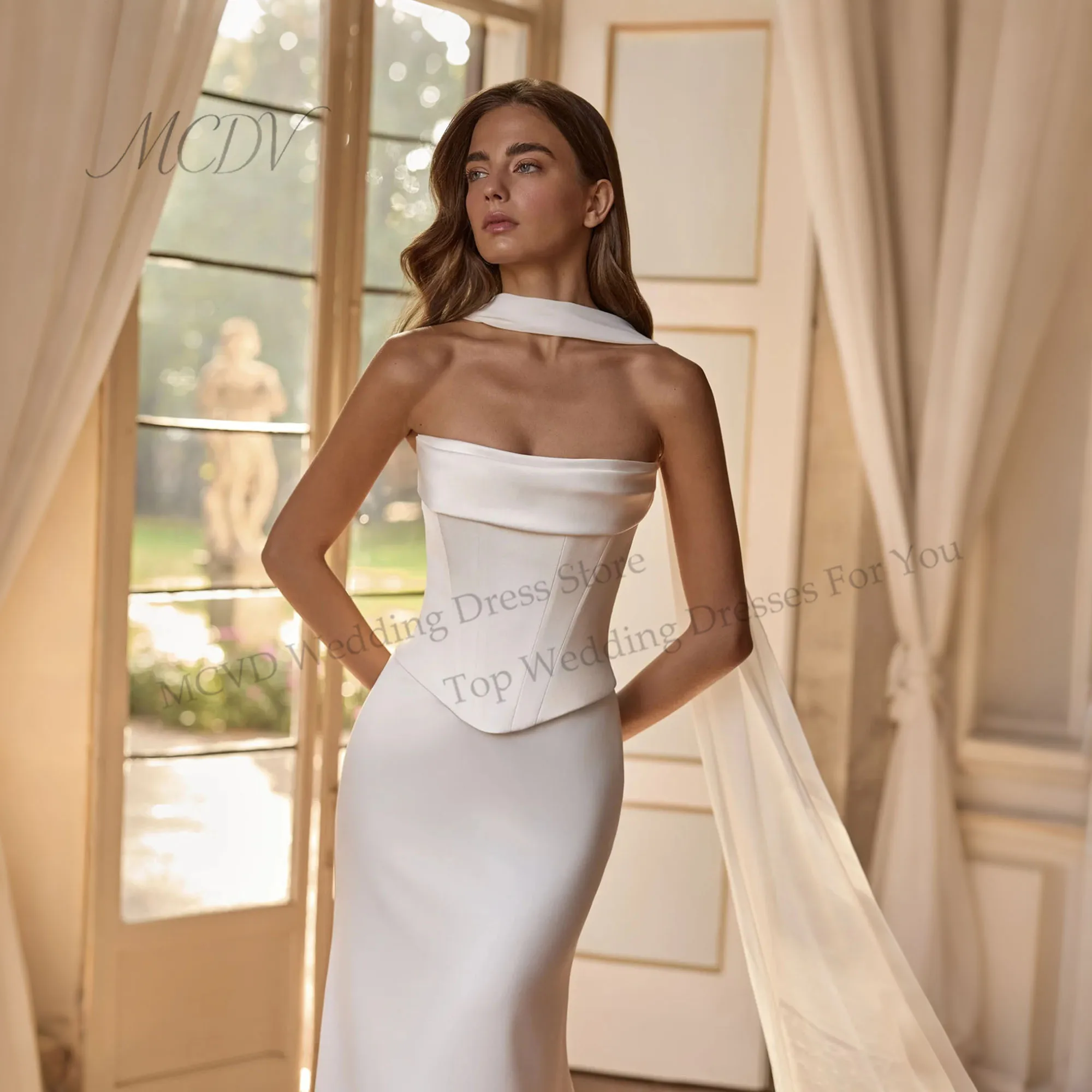 Ivory Satin Mermaid Wedding Dress 2026 Scarf Corset Strapless Bodice Lace Up Back Long Train Minimalist Bridal Gowns Customized