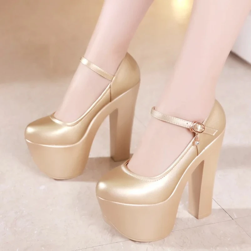 

2025 женские туфли-лодочки с круглым носком, толстый блочный каблук 15 см, платформа 6 см, лакированная кожа с пряжкой, большой размер