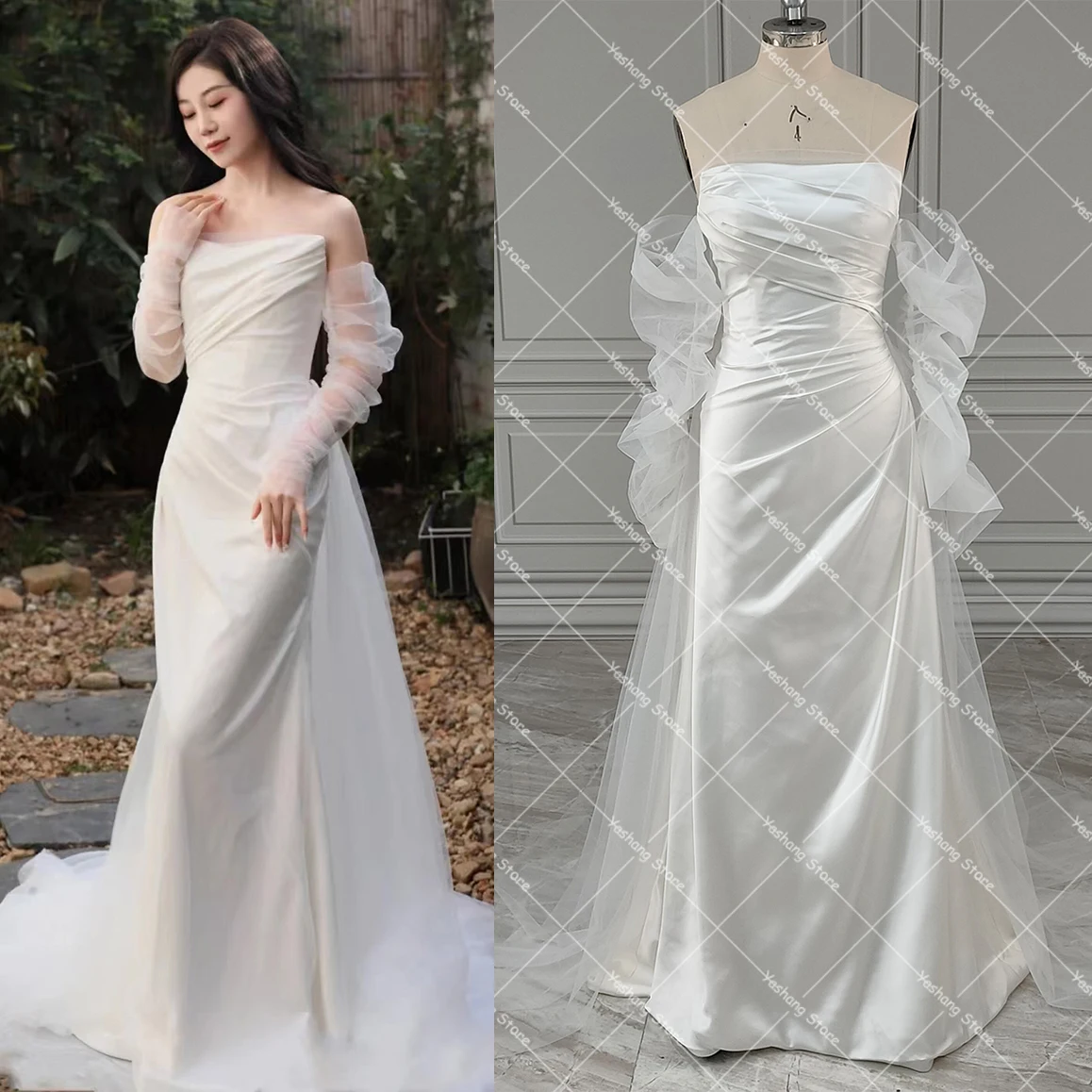 Customized Mermaid Satin Wedding Drape Gowns Corset Ruching Bodice Tulle Train Long Shirred Sleeves Real Pictures Bridal Dress