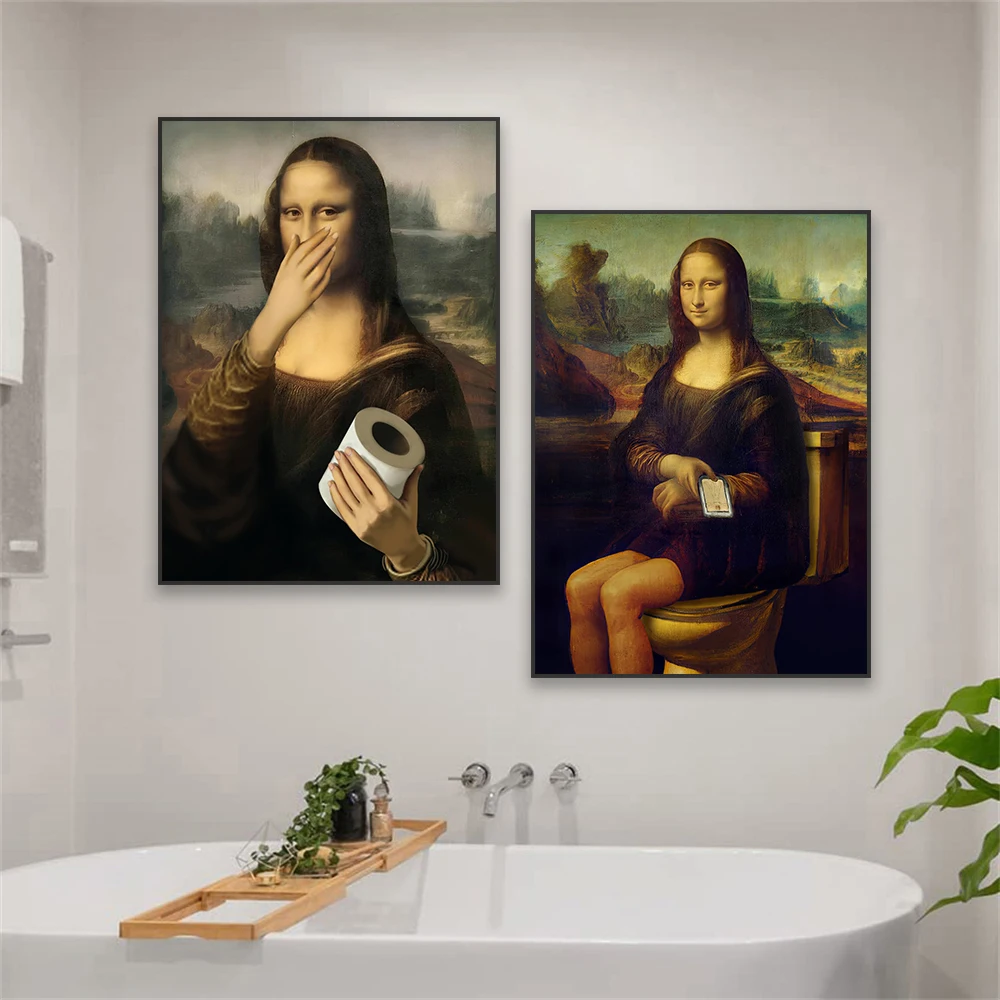 Śmieszny Mona Lisa Łazienka Plakat Dekor Vintage Leonardo da Vinci Słynny Nadruk Papier Toaletowy Płótno Malarstwo Klasyczny Wystrój Toalety