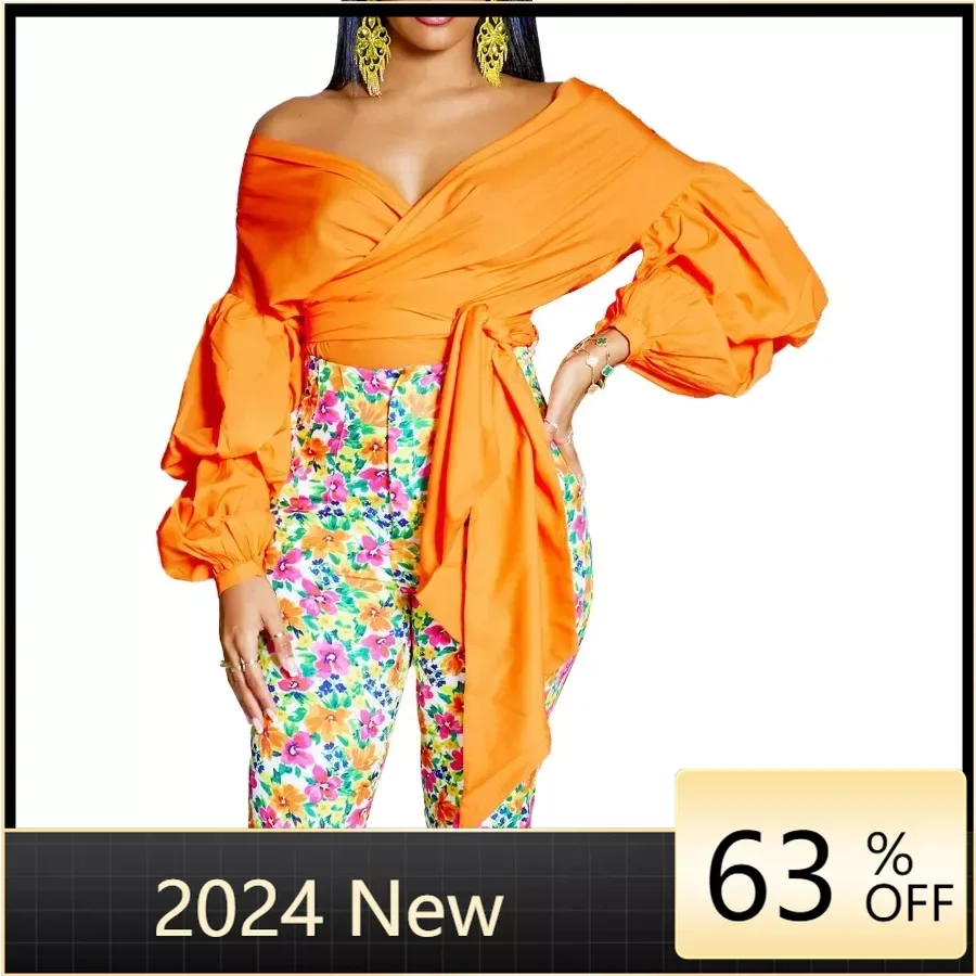 Zomer Mode Afrikaanse Kleding Voor Vrouwen 2024 Lange Mouw V-Hals Polyester Wit Rood Zwart Oranje Tops Dashiki Africa Kleding