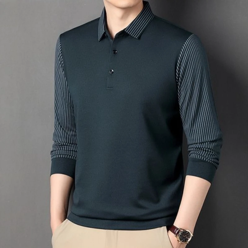 

High End Men's Thin Long Sleeve Polo Shirt Stripe Sleeve Turn Down Collar Elegant Business Casual Top for Office Daily​