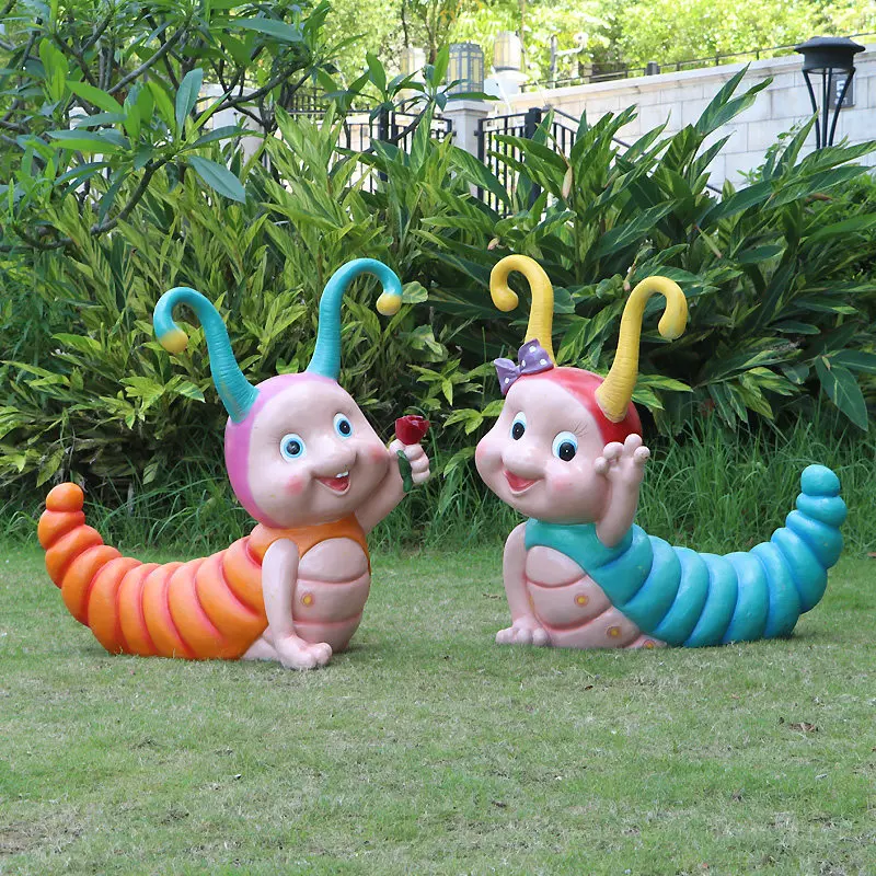 %*f Outdoor Handmade Pastoral-style Cartoon Fiberglass Caterpillar Sculpture Natural Finish Floor-standing Decoration for Garden