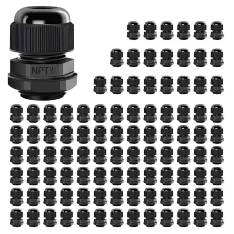 

100 Pack NPT 1/2" Cable Glands Waterproof Adjustable 6-12mm Cable Connectors Nylon Joints with Gaskets