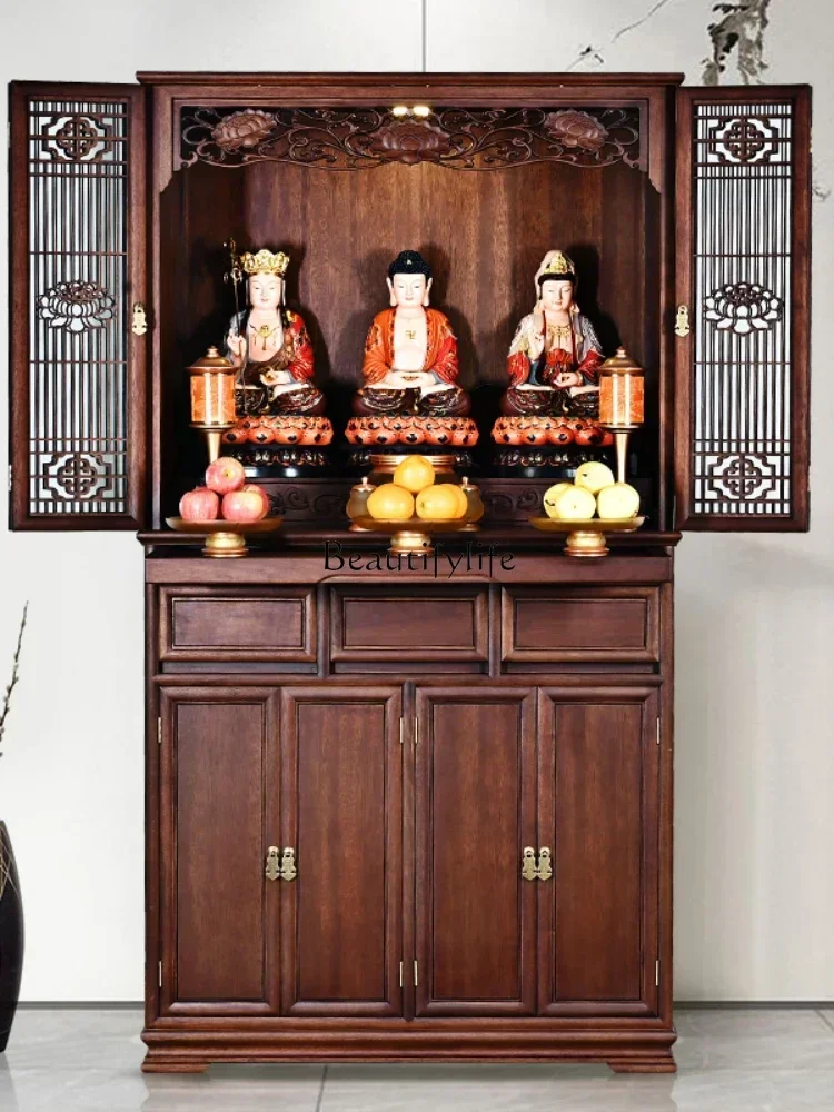 

02ld14Rosewood Solid Wood Buddha Cabinet New Chinese Style Clothes Closet Small Altar Shrine with Door