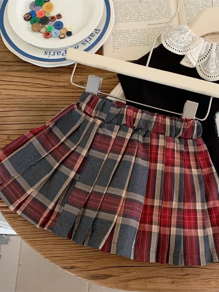 Girls Skirt Plaid Children 2024 New Spring and Summer Red Fashion Dress Simple Casual Skirt European Fashion Style Clothes