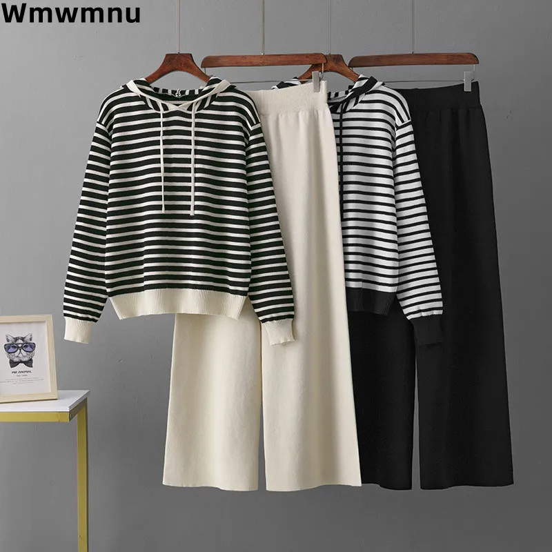 

Warm Causal Women Knitted 2 Piece Sets Korea New Striped Hooded Sweater Tops Outfit High Waist Ankle Length Wide Leg Pants Suit