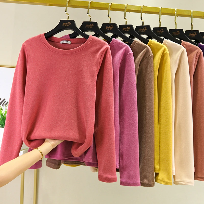 Thickened Fleece Long Sleeve round Neck Thermal T-Shirt Women's Close-Fitting Cotton Top Pure Color Korean Style Commute Fashion