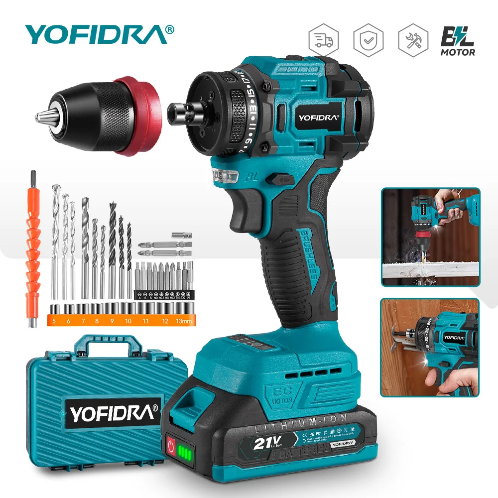 YOFIDRA Bürstenloser 2-in-1-Elektroschrauber, Schlagbohrmaschine, Akku-Bohrschrauber, Multifunktions-Elektrowerkzeug für Makita 21V Akku