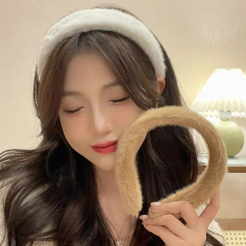 Winter Plush Hair Bands for Women Girls Korean Fashion Solid Wide Rabbit Fur Hairbands Sweet Furry Hair Hoop Hair Accessories