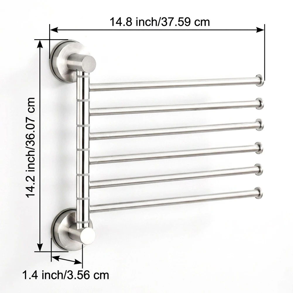 Swivel Towel Rack with for six Arms for Separating Towels by Use While Maintaining Minimal Wall Coverage in Small Spaces