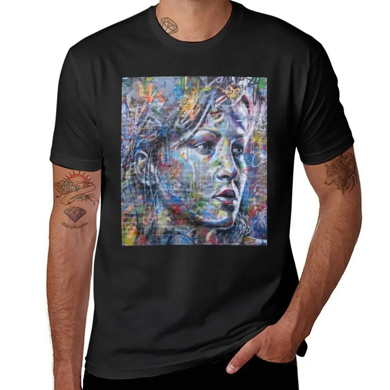 Wall art 2020, of a woman that has been sprayed with graffiti marks. T-Shirt sports fans korean fashion t shirts men