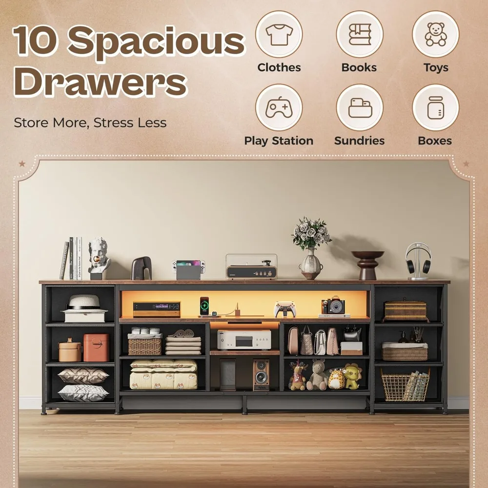 حامل تلفزيون LED كبير 70.9 بوصة مع أدراج قماشية ومنافذ طاقة ومنفذ USB-C وإضاءة LED لاستخدام غرفة النوم