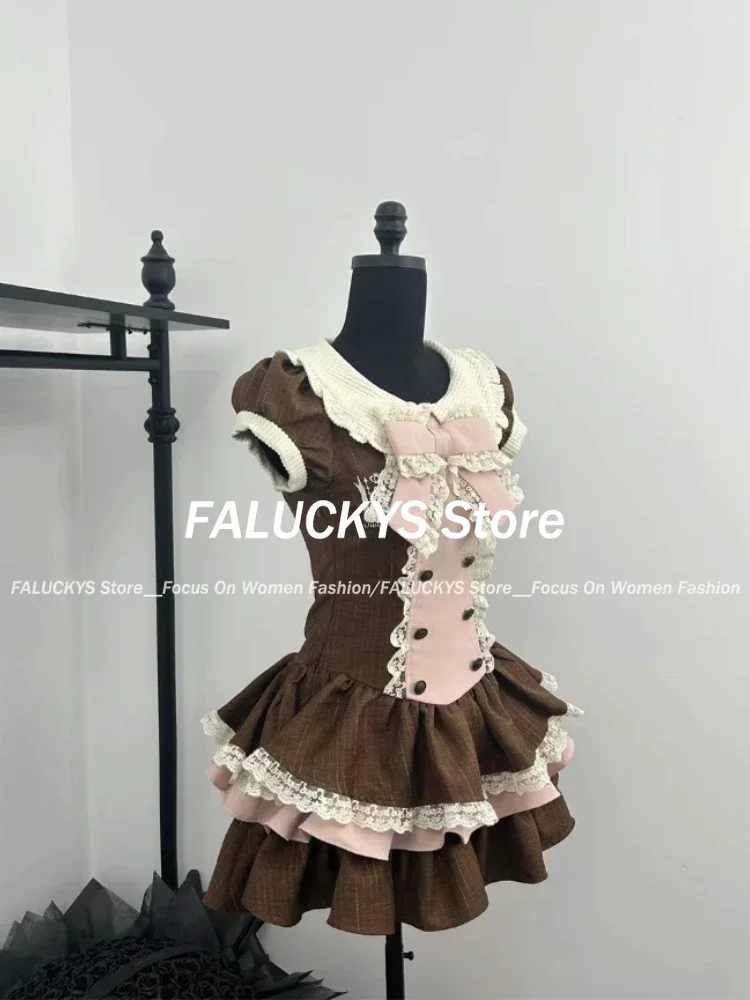 Japanese Lolita Prom Gown Fairy Dress Women Y2k 2000s Lace Evening Party Short Frocks Summer Kawaii Short Sleeve One-Piece Dress