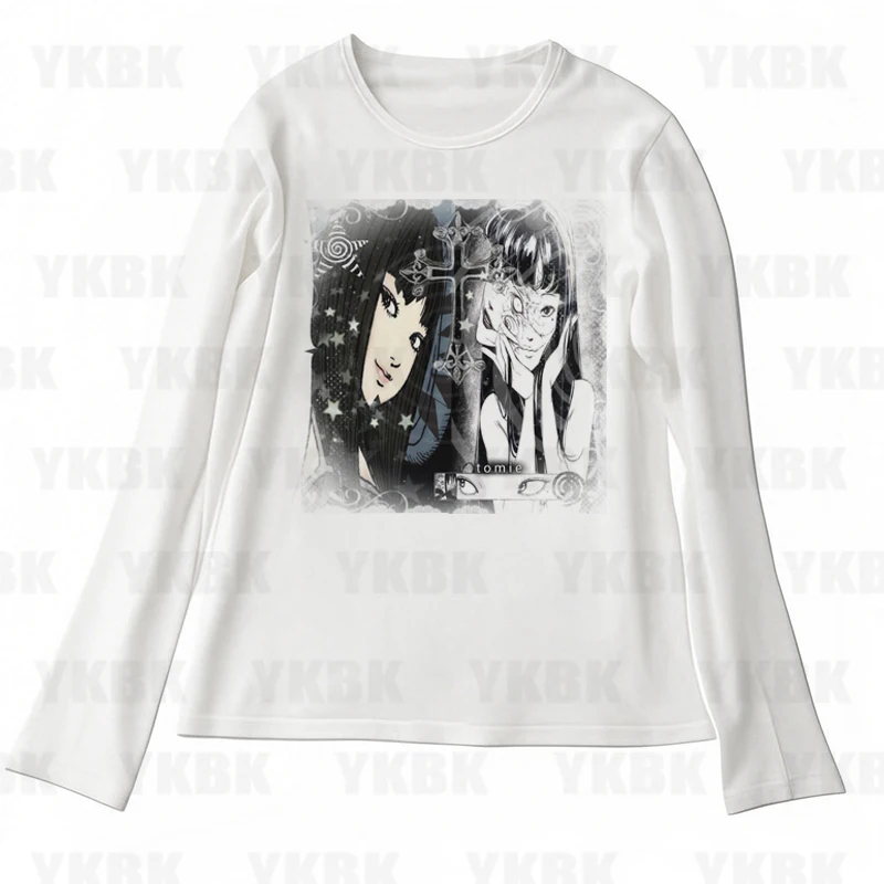 Mode Y2K Welpen Anime Muster T-shirt Nette Casual Gothic Harajuku Heiße Mädchen Straße Tragen Grafik Lange Hülse Frauen Oansatz Tees