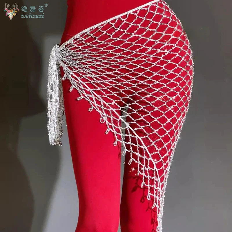 Novo lenço de quadril para dança do ventre, rede de pesca com lantejoulas, cachecol triangular para mulheres, corrente de cintura oriental, acessórios de dança