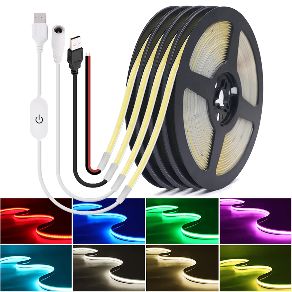 

5mm DC 5V USB COB LED Strip Lights for Game Desk Computer PC Decor 320LEDs/m Flexible Led Tape Warm Natural White Red Green Pink