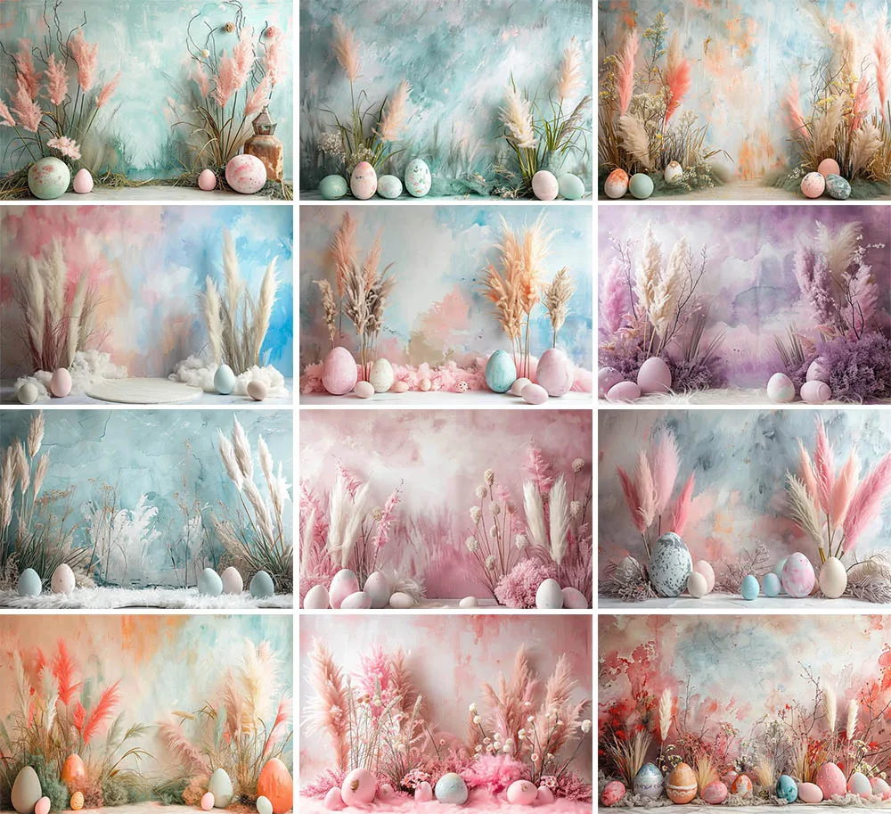 

Mehofond Easter Boho Pampas Grass Photography Backdrop Newborn Birthday Party Spring Egg Grunge Wall Decor Photo Background Prop