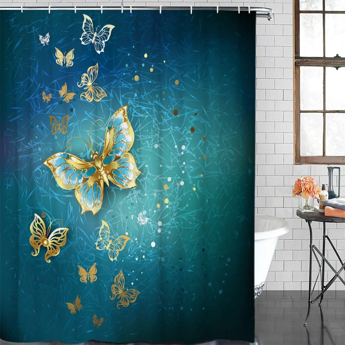 Butterfly Luxury Blue Art Waterproof Bathroom Decoration Shower Curtain With Hook Printed Bathtub Curtains Bathroom Accessories