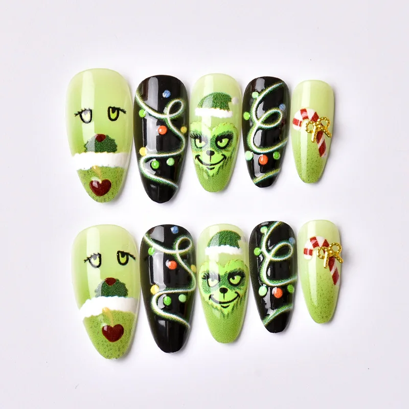 24 Stück Weihnachts-Kunstnägel mit grünem Haar, Jingel Bell Bow, künstliche Nägel für Frauen mit Schneeflocken-Weihnachtsmann-Muster, Nagel zum Aufdrücken