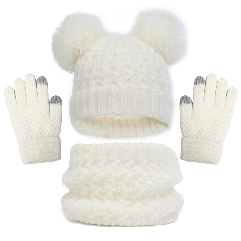 Knit Baby Winter Hat Gloves Scarf Set Fleece Pompom Kids Beanie Neck Warmer Skiing Thicken Children Cap for Boys Girls 1-6Y