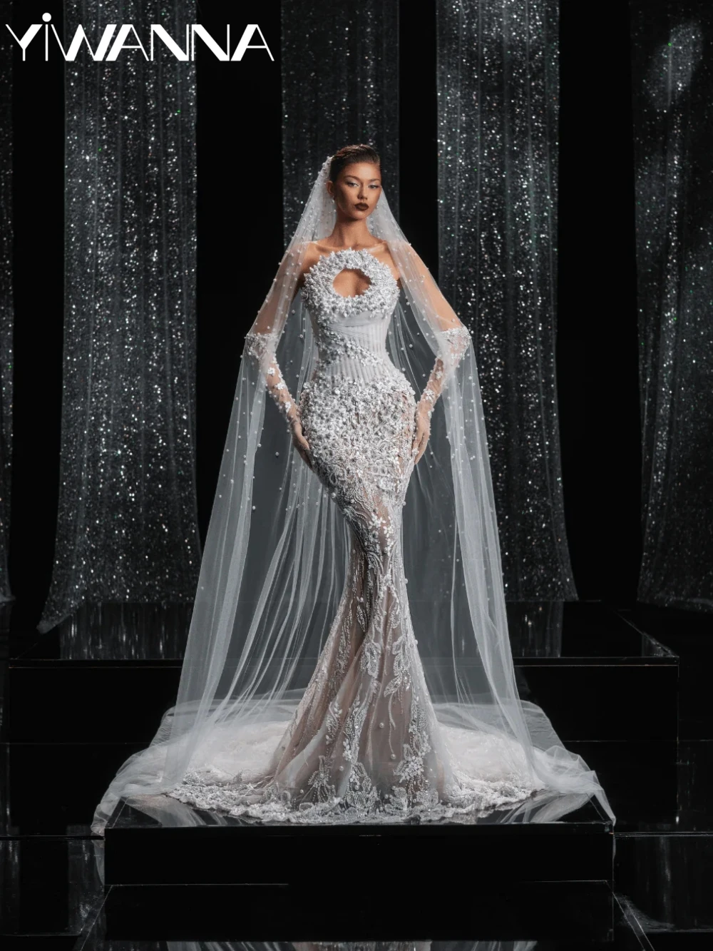 

Dazzling Embroidery Pearls Mermaid Long Wedding Dress Charming Sexy Illusion Bridal Gown Customized Luxury Dresses For Bride
