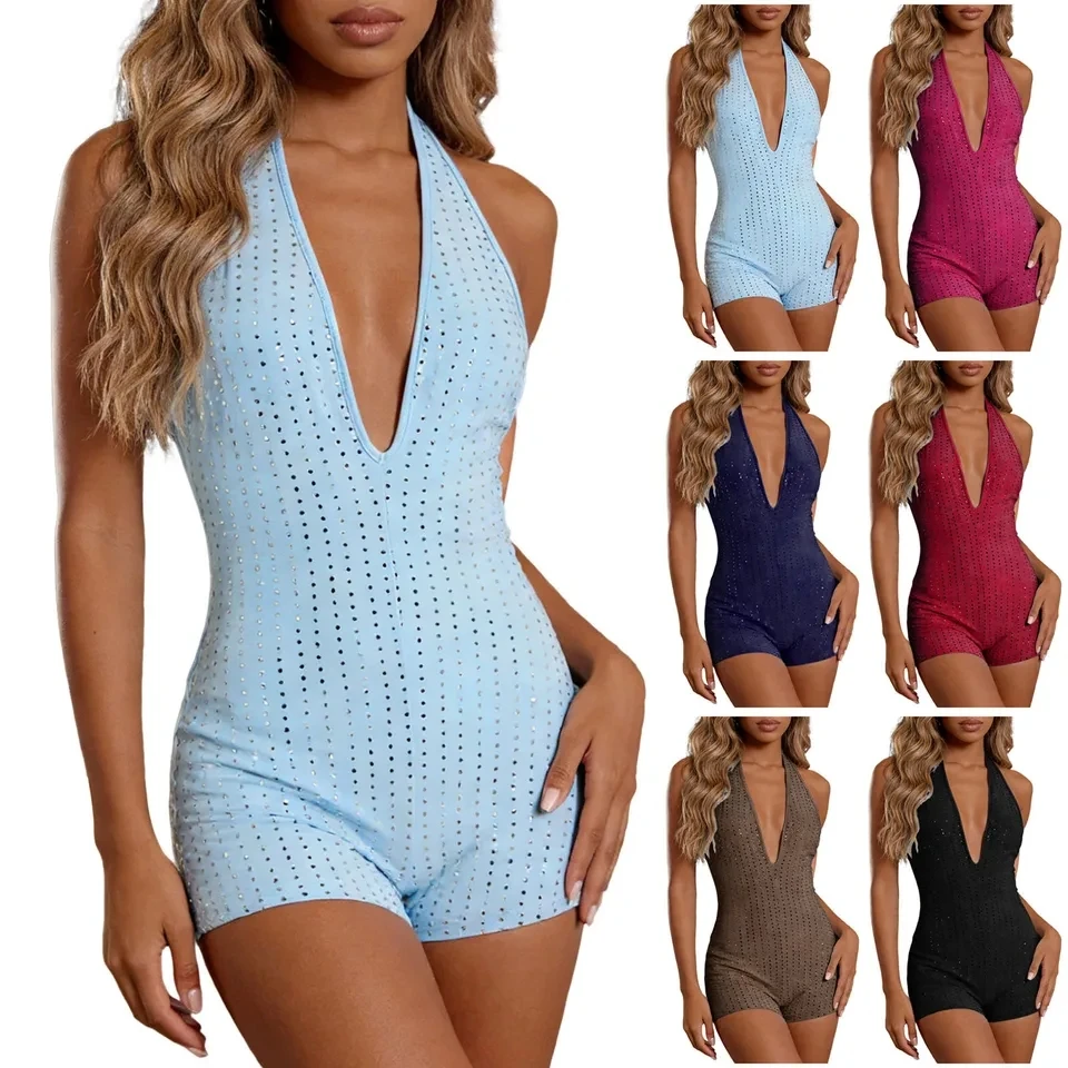 Women's Sexy  Jumpsuit With Rhinestones Deep V Neck Backless Sleeveless Overall Halter Neck Shorts Romper Y2K Streetwear