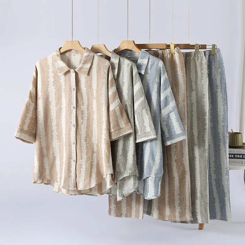 Japanese Pure Cotton Pajamas Women Spring Autumn Classic Striped Long Sleeved Long Pants Home Clothes Two Piece Set Pajamas Suit