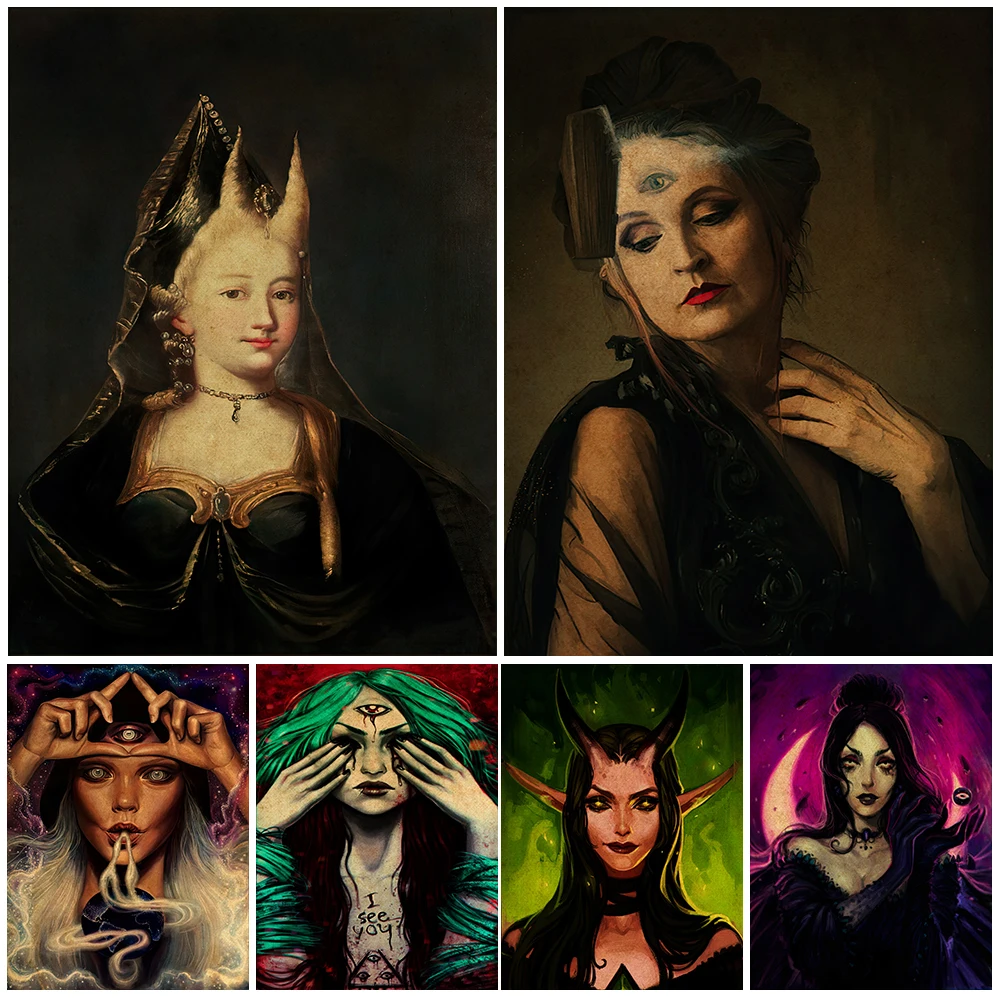The Horned Witch Vintage Wall Art Canvas Painting Home Decoration The Witch Mysterious Third Eye Poster And Prints Unframed