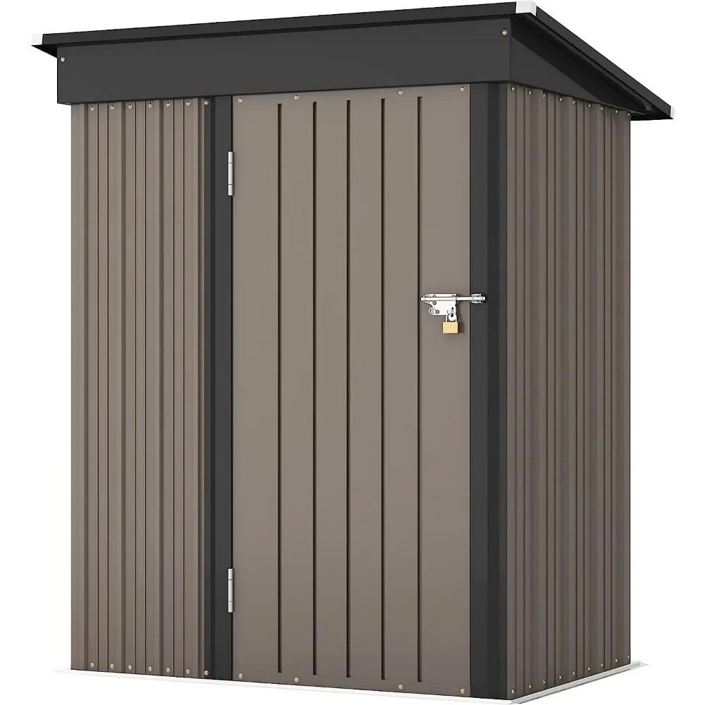 5x3 FT Outdoor Storage Shed, Tool Shed with Sloping Roof and Lockable Door, Metal Shed for Backyard Garden Patio Lawn, Brown