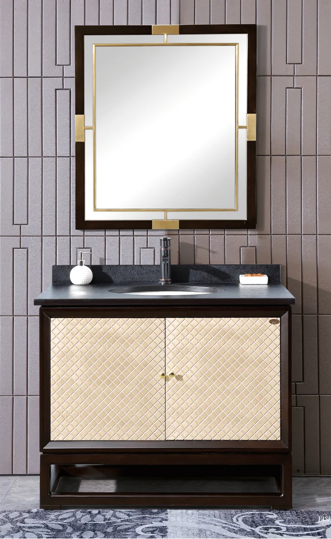 Chinese Style Solid Wood Lacquered Panel Bathroom Cabinet Floor Standing Marble Countertop Ceramic Basin For Home Hotel Villa